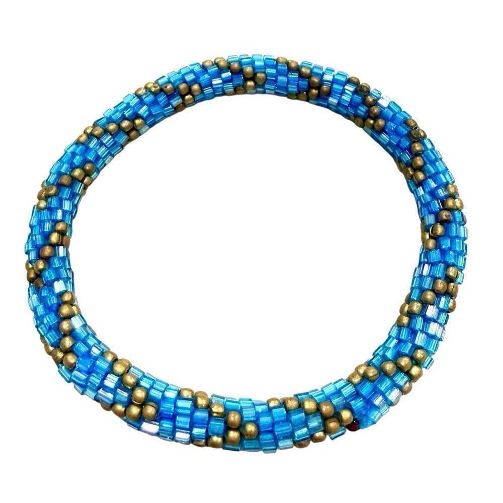 NWOT Vintage Aid Through Trade Roll on Beaded Bracelet Blue & Gold-tone